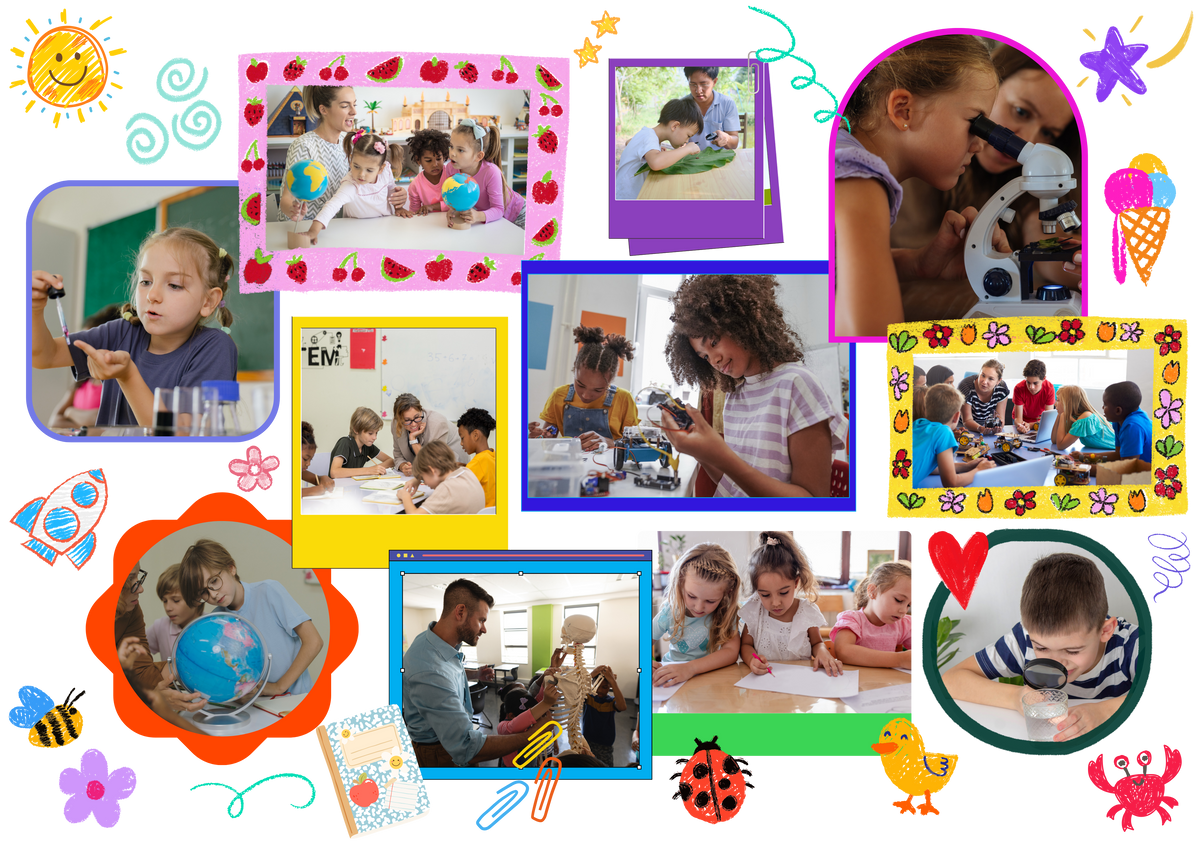 A scrapbook of Hexagon Academy class moments: science, art, reading, and friends
